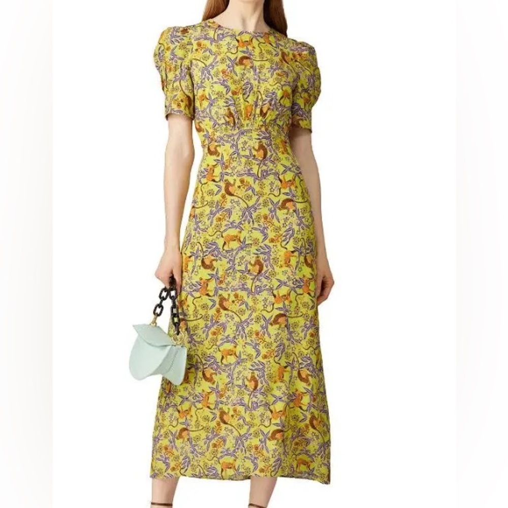 Saloni Women's 100% Silk Citron Bianca Midi Dress Citrus Monkey Print